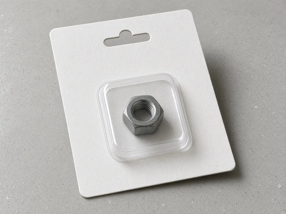 Carte blister blanche avec trou de suspension européen et coque thermoformée transparente contenant une pièce métallique